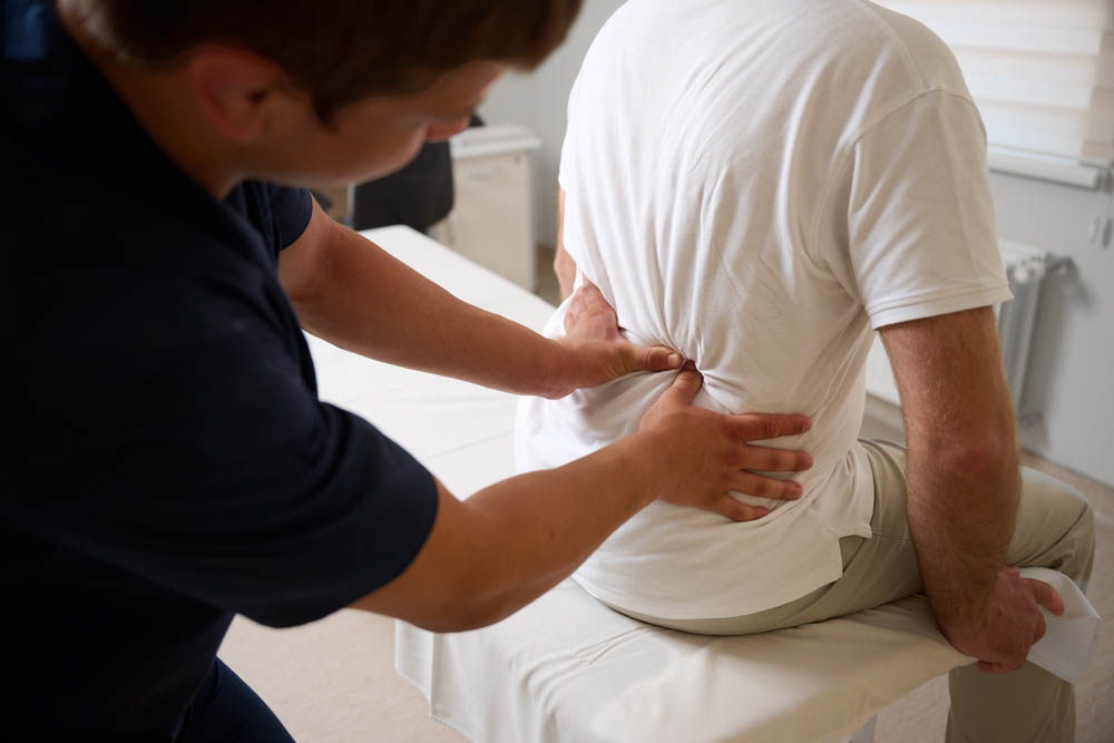 chiropractic diagrams in a clinic / chiropractor performing manual back adjustment