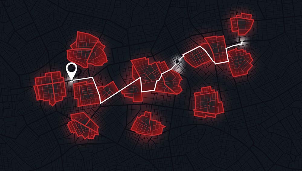 smartphone map view with a highlighted service area